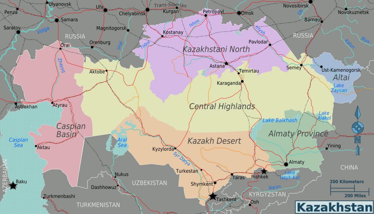 mapa Kazachstan regiónov