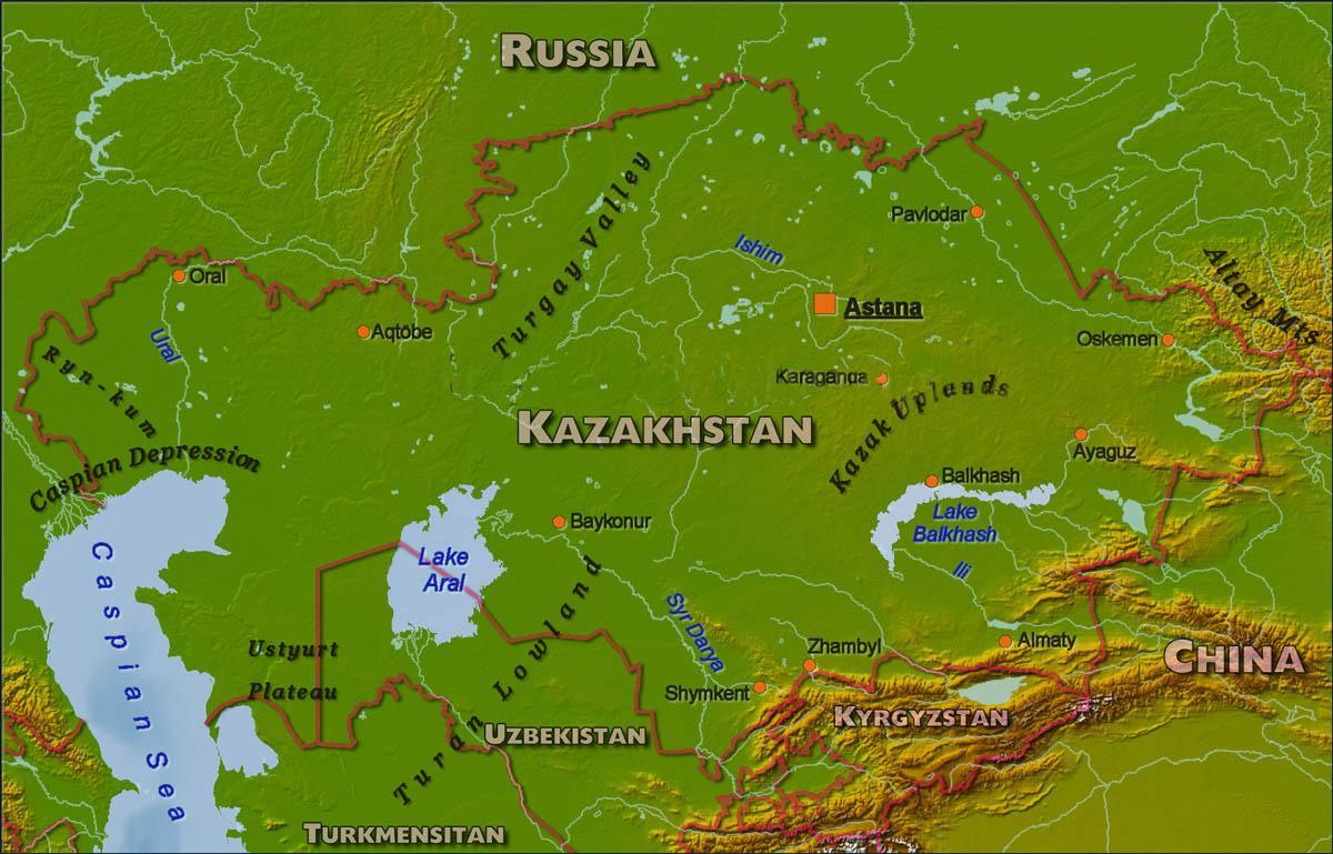 mapa Kazachstan fyzickej